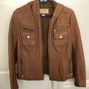 Hooded leather moto jacket
